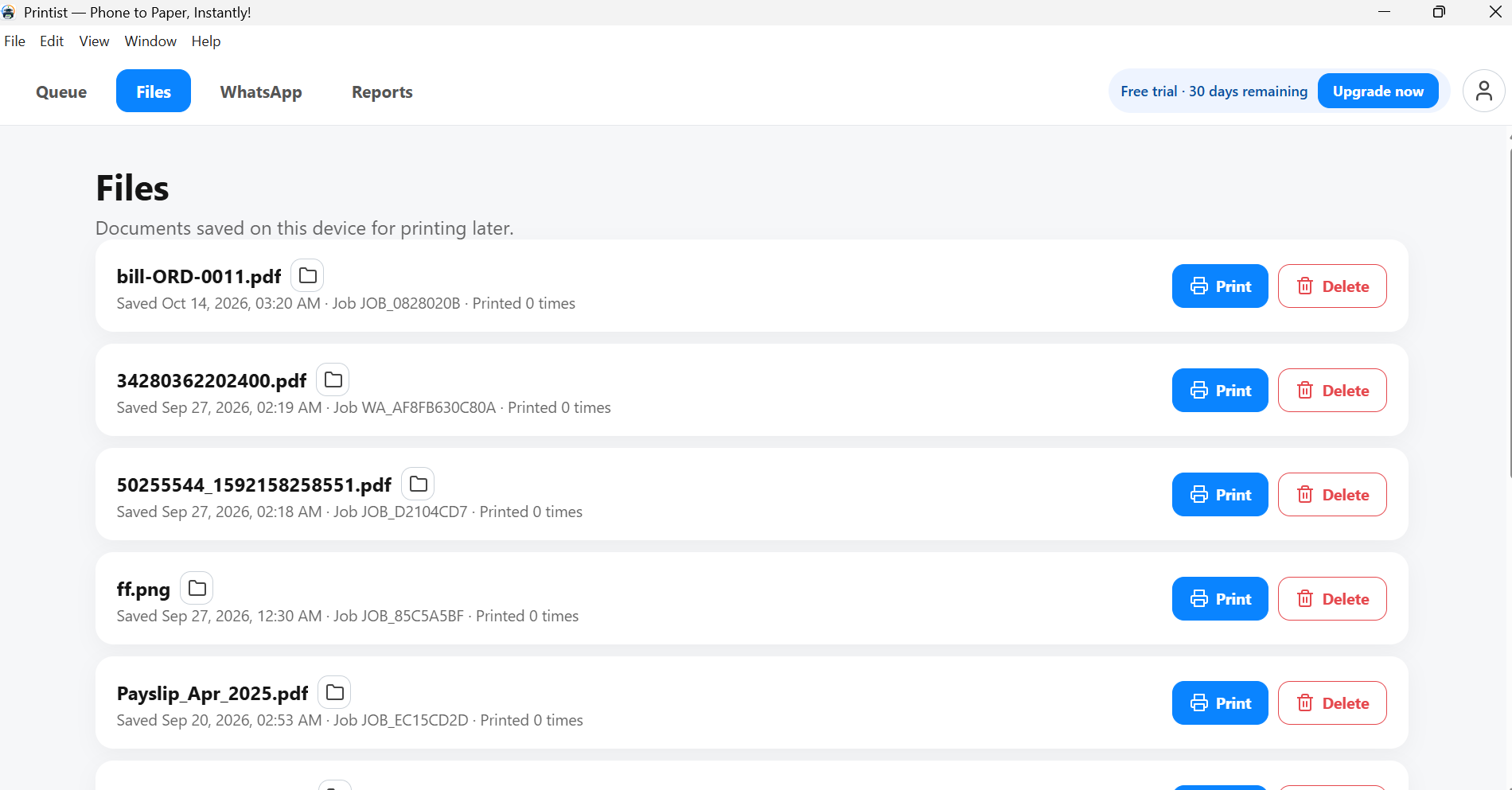 Printist Desktop showing customer files ready to print