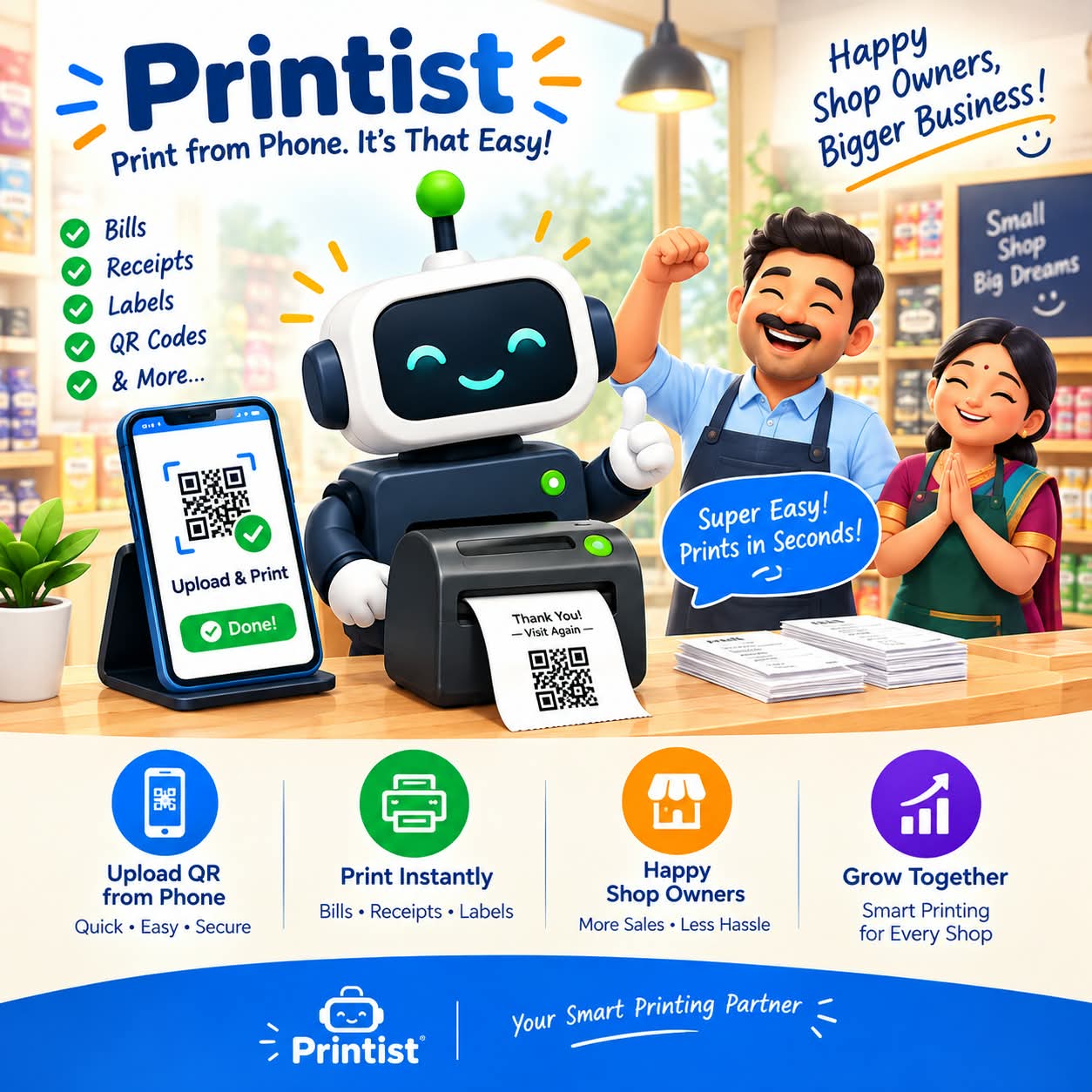 Happy print shop owner running their counter with Printist